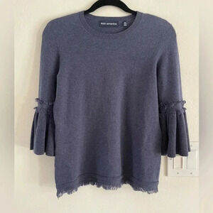 525 America Navy Blue Knit Sweater Top Fringe Flare Bell 3/4 Sleeve Women XSmall